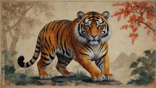 Tatton design of Chinese zodiac tiger as the mythical animal in Eastern Asia culture.