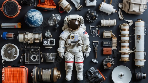 Astronaut's Equipment knolling flat lay arrangement photo