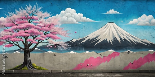 Japanese Cherry Blossoms in the Shadow of Mount Fuji  graffiti against a wall