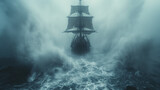 Majestic Sailing Ship Braces Against the Roaring Stormy Seas During Twilight