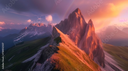 Beautiful landscape, Seceda Mountain on summer at dolomites, Italy, rainbow and sunset lighting photo