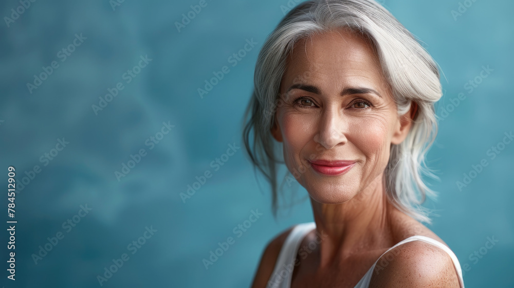 A beautiful elderly woman with white hair smiles at the camera