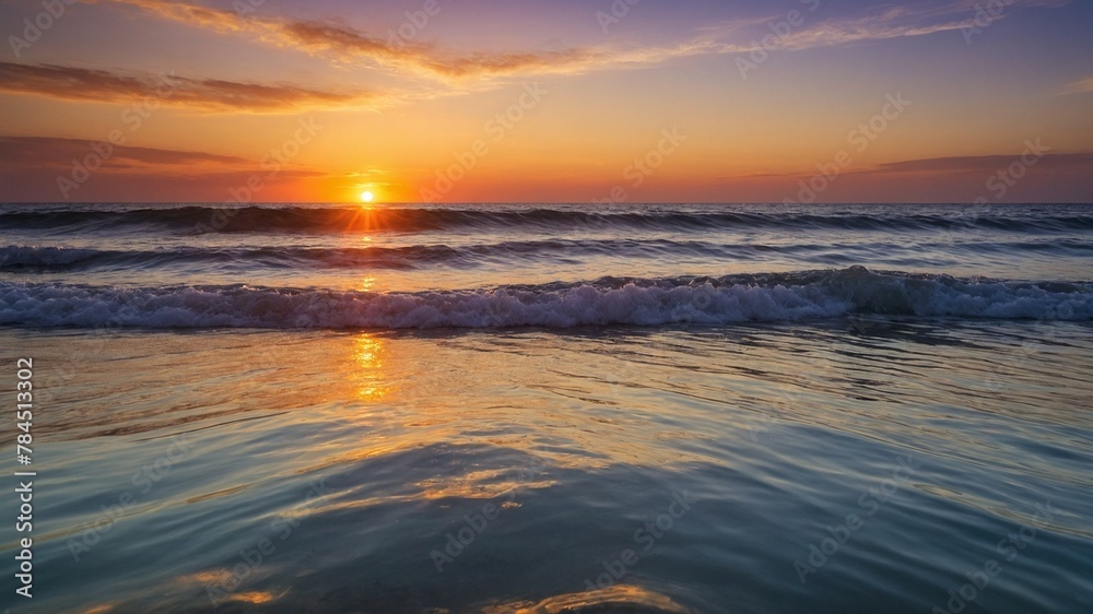 Breathtaking sunset paints sky with warm hues of orange, yellow, casting serene glow over restless sea. Waves, infused with golden touch of setting sun, dance rhythmically towards shore.
