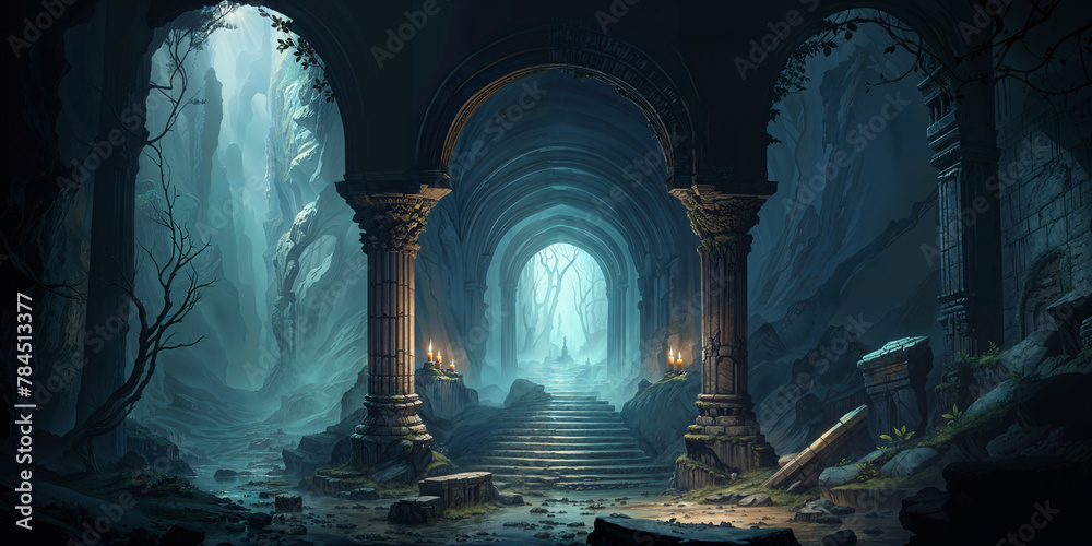 Misty mountain cave chamber with mysterious underground entrance, large pillars and archway gate 
carved stone ruins, perilous labyrinth of tunnels, dimly lit ancient role playing fantasy underworld. - obrazy, fototapety, plakaty 