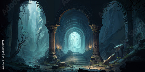 Misty mountain cave chamber with mysterious underground entrance, large pillars and archway gate carved stone ruins, perilous labyrinth of tunnels, dimly lit ancient role playing fantasy underworld.