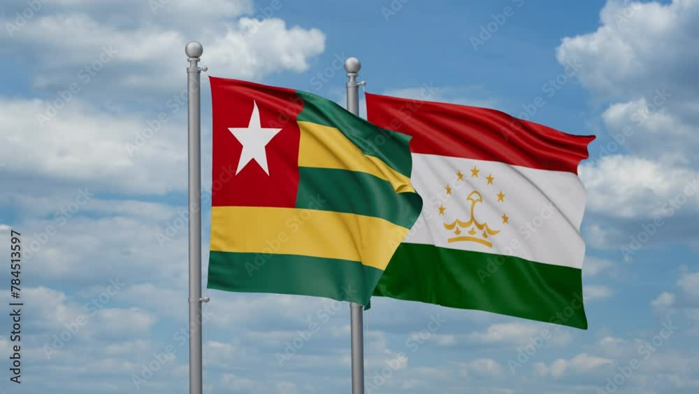 Tajikistan and Togo two flags waving together, looped video, two country cooperation concept Tajikistan and Togo two flags waving together, looped video, two country cooperation concept