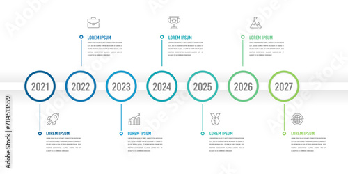 Minimal 7 Steps Infographic Timeline Template Presentation with Circular Elements, Icons and Text Boxes. Vector illustration.