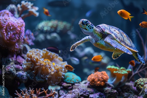 Graceful Sea Turtle Glides Through Vibrant Coral Reef With Tropical Fish