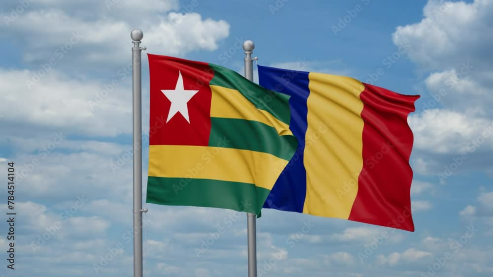 Romania and Togo two flags waving together, looped video, two country cooperation concept Romania and Togo two flags waving together, looped video, two country cooperation concept