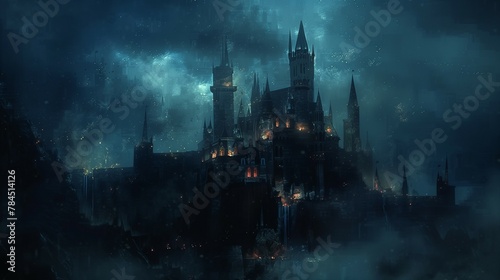 Fantasy scene of dark evil castle and palace courtyard with shining moon