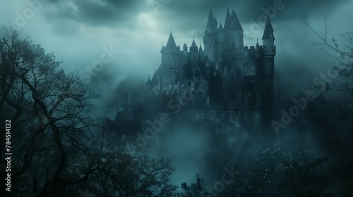 Fantasy scene of dark evil castle and palace courtyard with shining moon