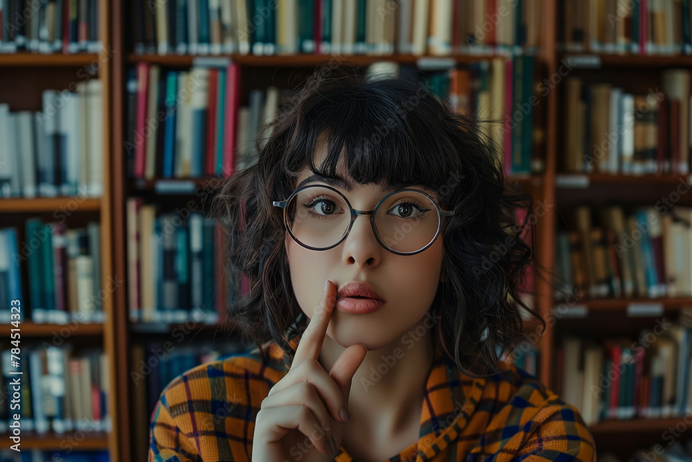 A woman with glasses is in a library and is covering her mouth with her hand A woman with glasses is in a library and is covering her mouth with her hand