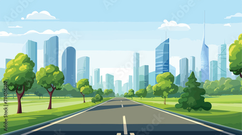 Summer forest highway to modern city. Vector cartoon