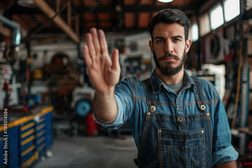A man in a blue apron is holding up his hand to signal a stop