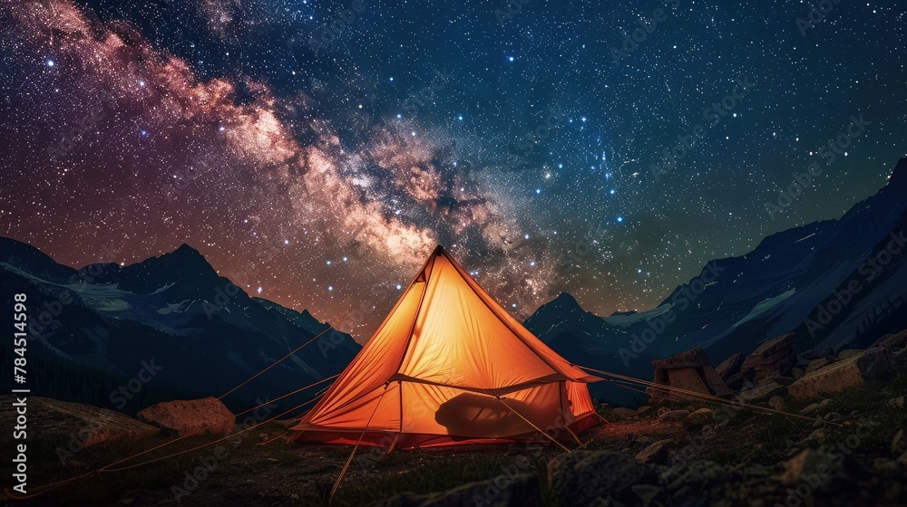  A serene scene of a tent pitched in the majestic mountains, with a stunning starry sky overhead.