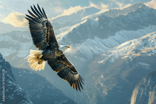 A majestic eagle is soaring through the sky above a snow-covered mountain range