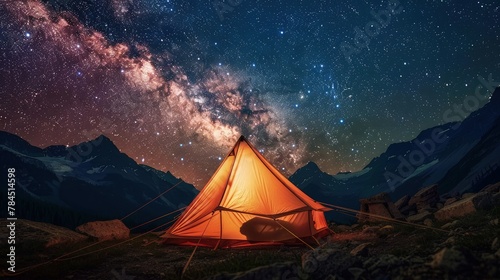  A serene scene of a tent pitched in the majestic mountains  with a stunning starry sky overhead.