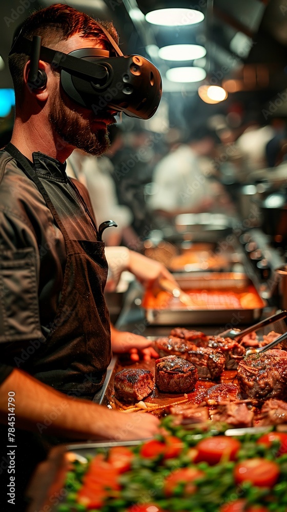 Naklejka premium Virtual reality cooking competitions, chefs battle in digital kitchens, culinary innovation 