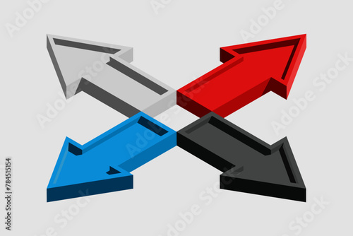 Four isometric colorful arrows pointing in different directions. Isometric infographic design. Flat design with long shadow. Modern arrow. Vector illustration.