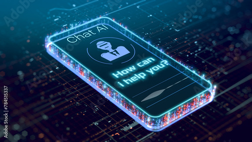 Smartphone with a futuristic AI chat interface, advanced AI technology, prompt for user interaction, conceptual illustration (3d render)