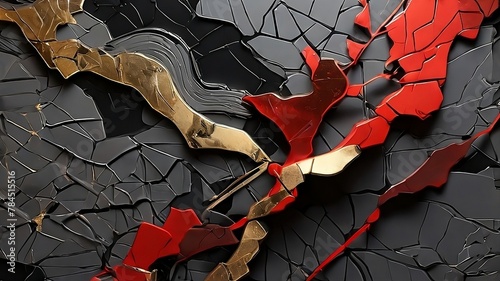 Abstract background, Kintsugi art style, black, red and gray colors.