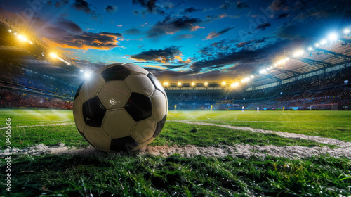 A soccer ball is on the field in front of a stadium