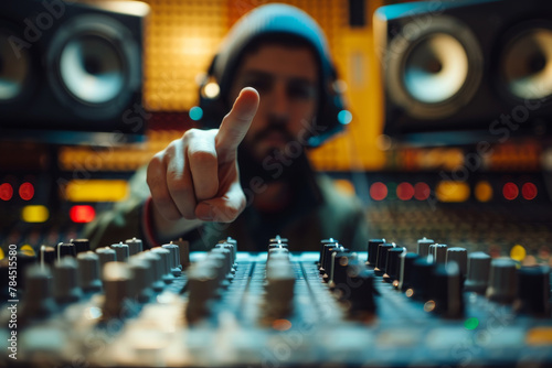 A man is pointing at a sound board with a hand photo