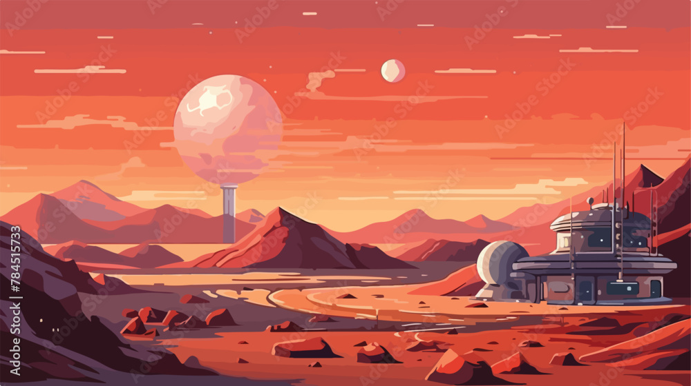 Sunset on alien planet space colony station. Mars o