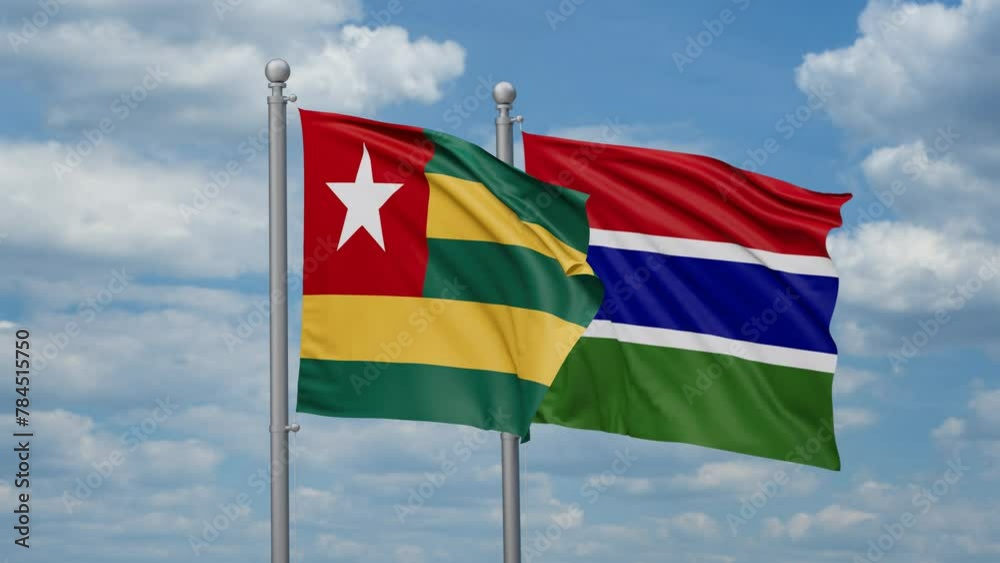 Gambia and Togo two flags waving together, looped video, two country relations concept Gambia and Togo two flags waving together, looped video, two country relations concept