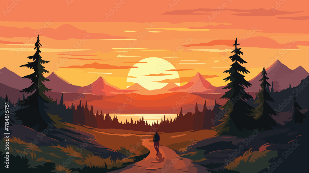 Sunset out on the trail. walking outdoors 2d flat cartoon