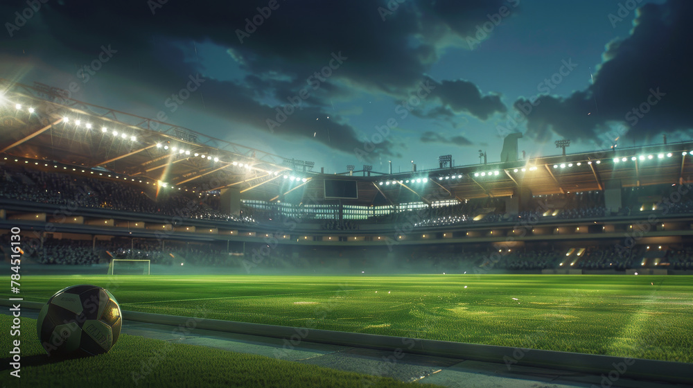 A soccer field with a soccer ball on the grass - obrazy, fototapety, plakaty 