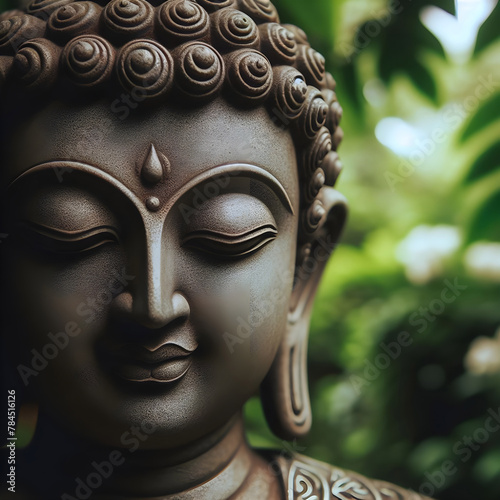 Closeup Buddha statue illustration against green garden background