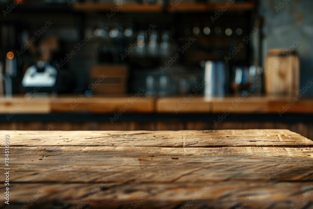 Empty wooden table in front of a bar with a wooden bar counter in the background Empty wooden table in front of a bar with a wooden bar counter in the background