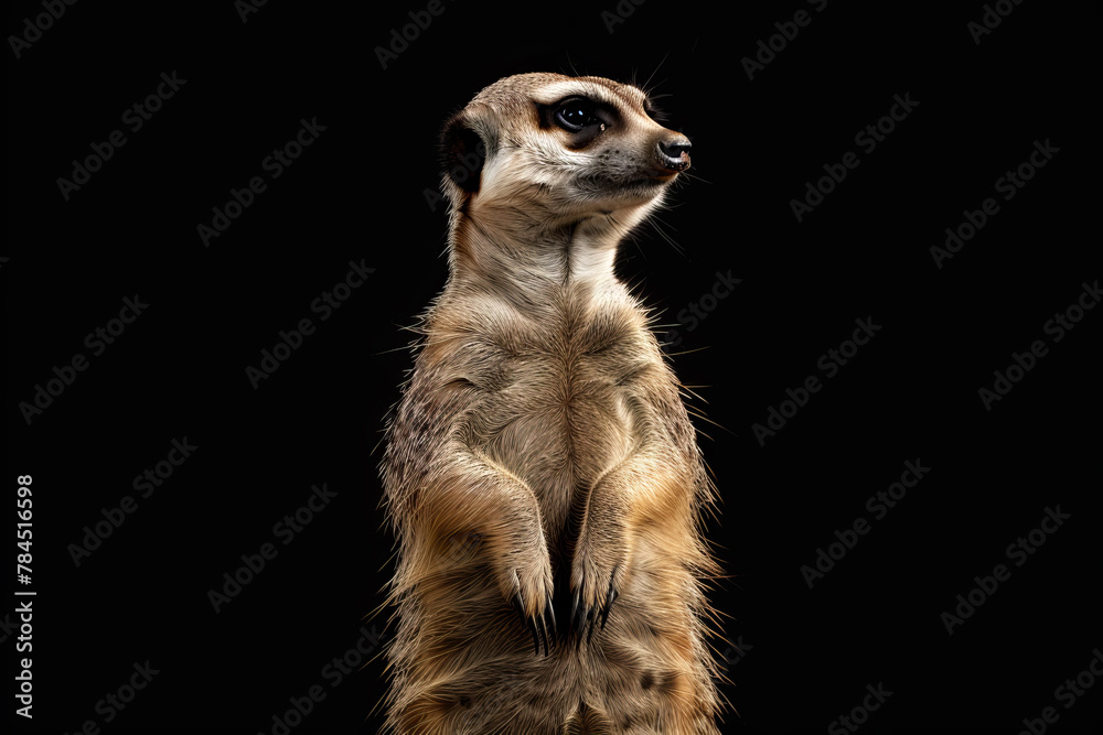Fototapeta premium A small brown and white animal with a long tail stands on a black background