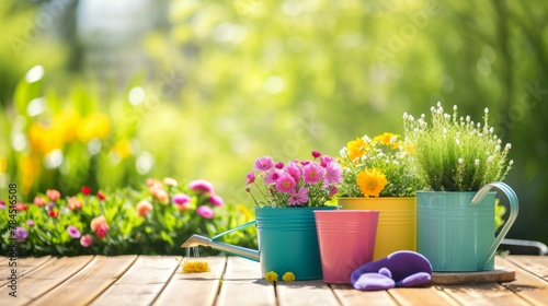 Colorful flower pots with watering can and gloves on wooden table on sunny garden background. banner with copy space