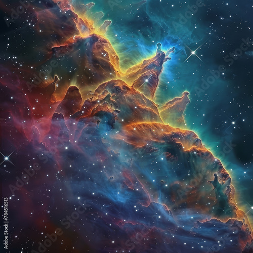 A colorful space scene with a large orange cloud in the middle
