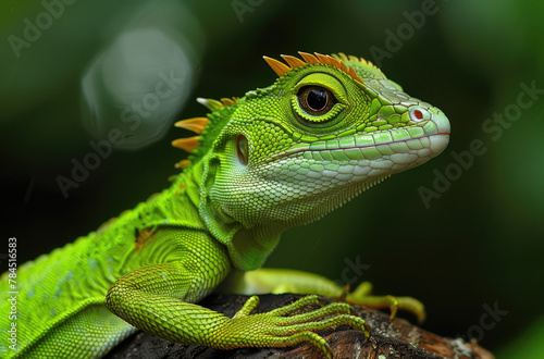 green crested lizard with its mouth open