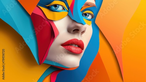 Colorful Paper Portrait of a Woman's Face with Bright Colors and Detailed Design Elements on White Background