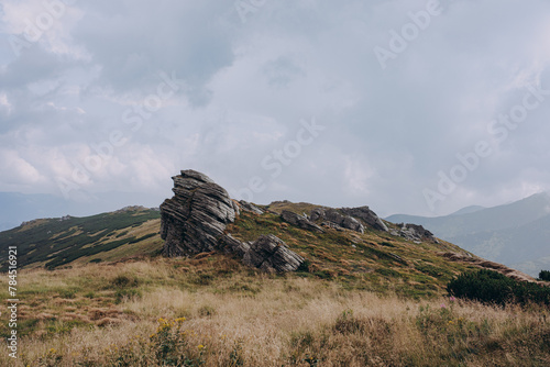 Aerial view of rocky peak of Spitz mountain in the Carpathian mountains