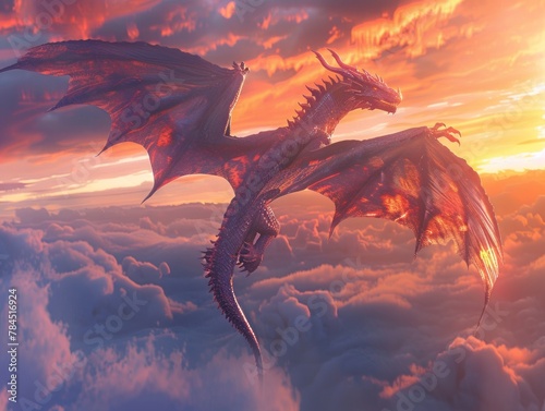 Dragon with expansive wings glides above a cloud-covered landscape at sunset, perfect for fantasy book covers or game backgrounds © Dina