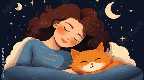Sweet dream and rest of young woman and cat. Girl a