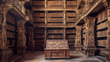 An ancient library with ancient books and manuscripts.