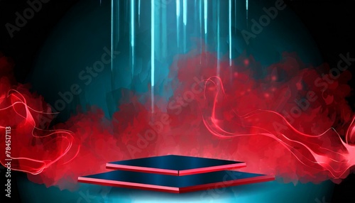 Surreal Showcase: Abstract Podium with Neon Blue Light and Red Smoke"