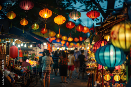 The lanterns are of various sizes and colors, creating a festive
