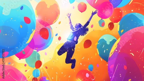 A person leaps with enthusiasm amidst a vibrant, colorful backdrop of floating balloons, capturing the essence of pure happiness and freedom. photo