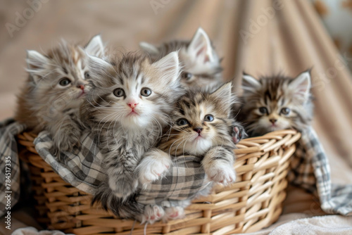 A basket full of kittens with their eyes closed photo