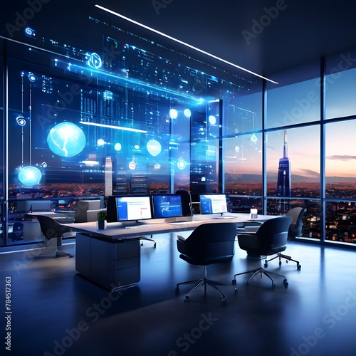 Smart office buildings equipped with IoT devices, collaborative workspaces, and virtual meeting rooms, enabling seamless communication and productivity photo