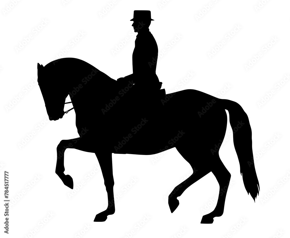 Silhouette of a horse and rider. Elements of dressage, passage.