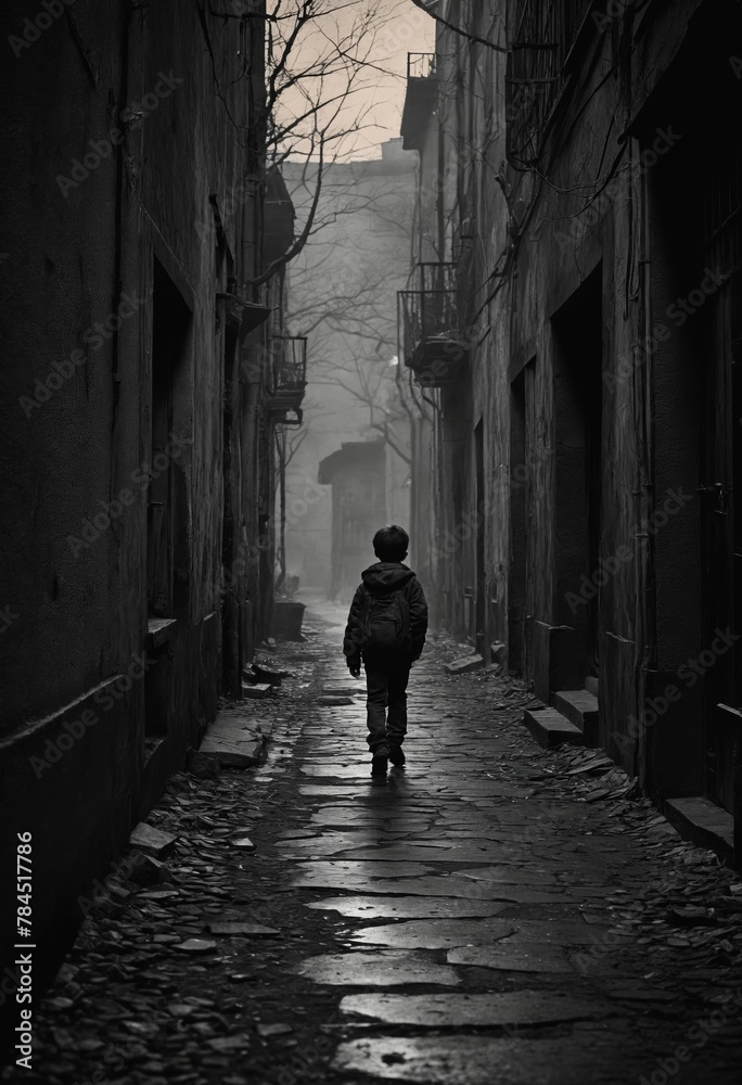 A boy walks in a dark alley at midnight in a blackandwhite photo