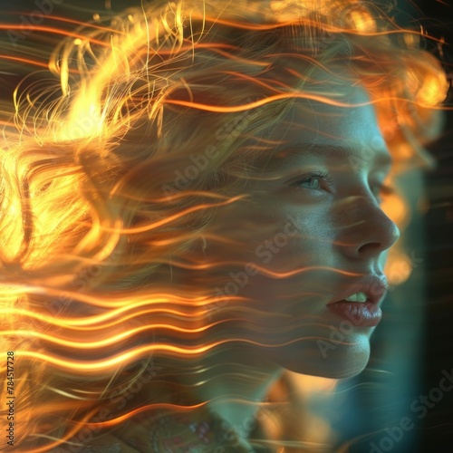 Fieryhaired woman with eyes closed and hair blowing in the wind, engulfed in flames photo